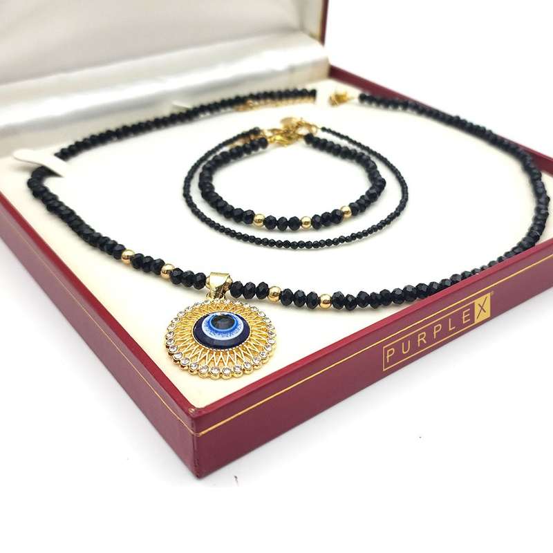 Evara Malocchio Black Tourmaline Necklace Bracelet &amp; Anklet Evileye Set