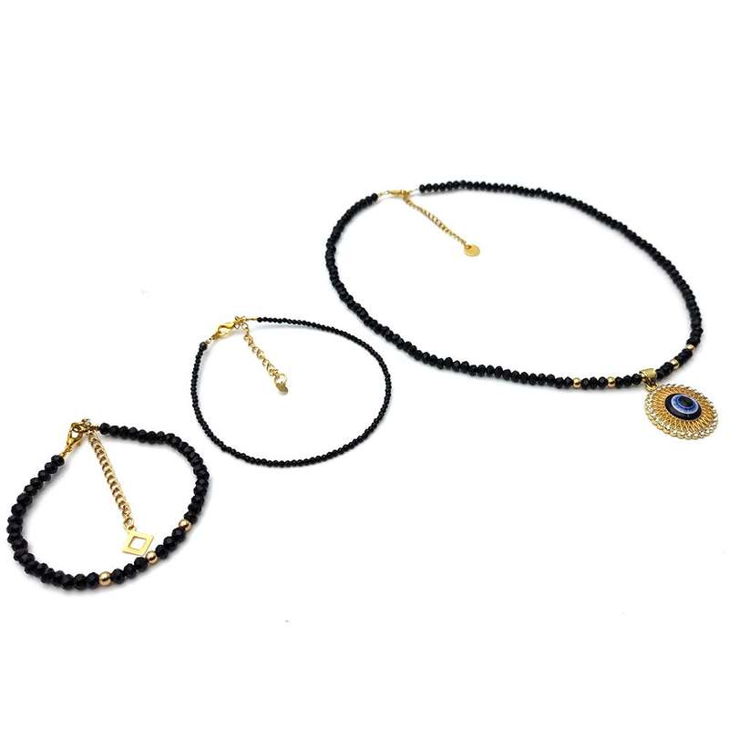 Evara Malocchio Black Tourmaline Necklace Bracelet &amp; Anklet Evileye Set