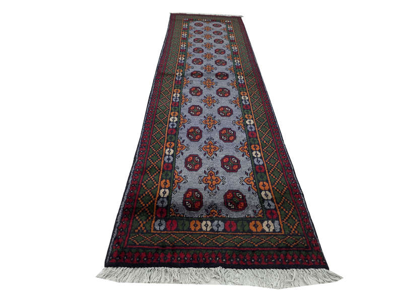 Blue Afghan Kunduz Carpet 294 x 80 cm
