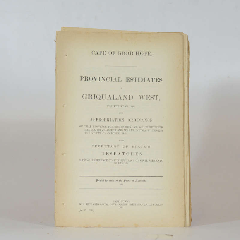 Government Blue Books - Provincial Estimates of Griqualand West for the year 1880 and Appropriate...