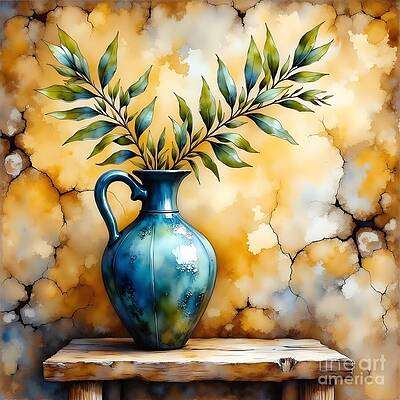 A ceramic vase with green leaves [d]