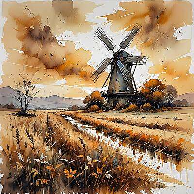 A Windmill Stands Prominently Against Backdrop of Autumn [d]