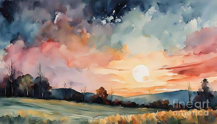 Vibrant Sunset Casting Warm Hues Across Grassy Field [d]