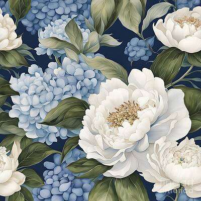 White Peonies and Blue Hydrangea [d]