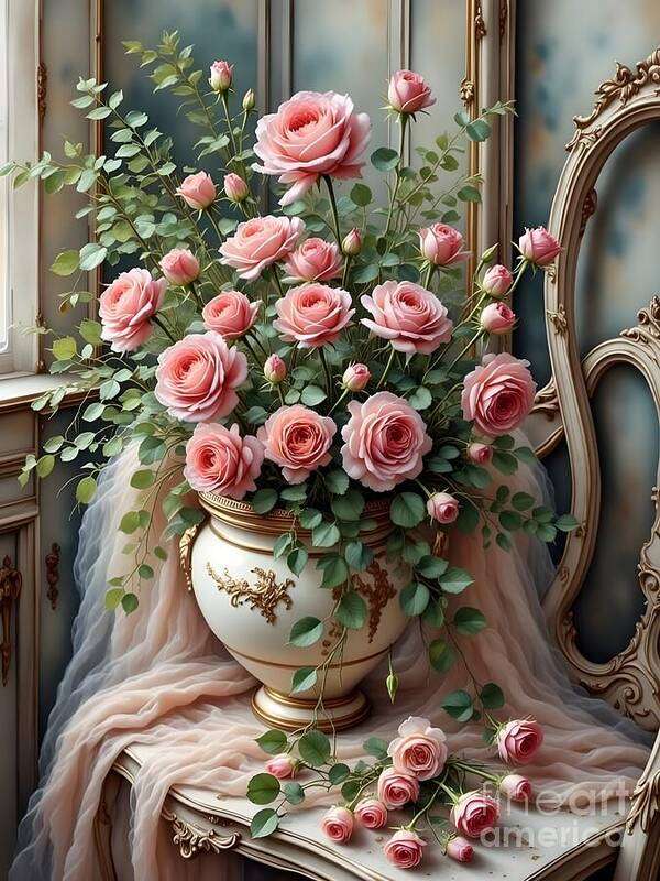 Roses Art Print featuring the digital art Draped Luxurious Vase by Jennifer Van Niekerk