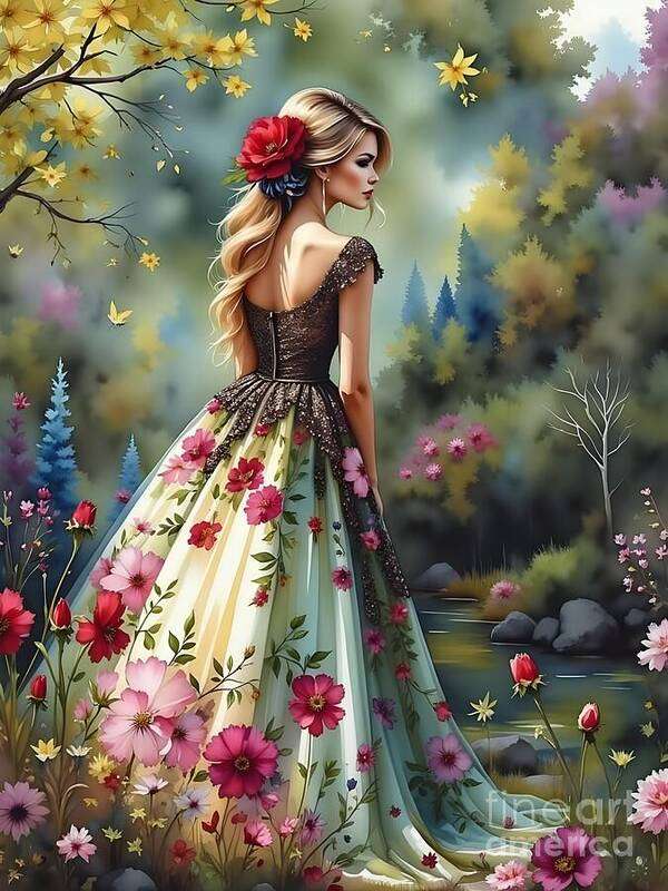 Nature Art Print featuring the digital art Lady in a Floral Dress by Jennifer Van Niekerk
