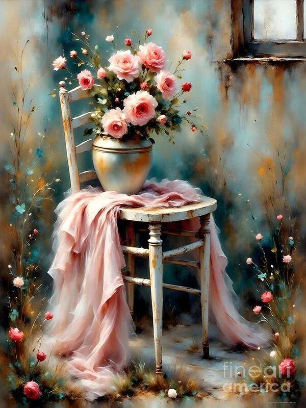 Roses Art Print featuring the digital art Vintage Chic Flower Arrangement on Rustic Chair by Jennifer Van Niekerk