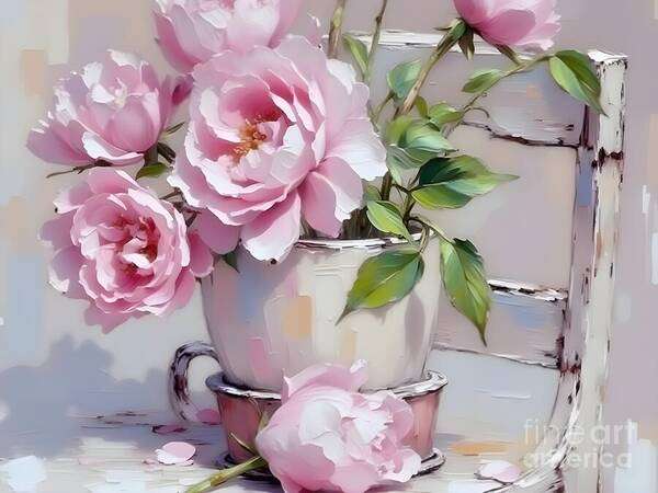 Roses Art Print featuring the digital art Chic Pink Roses on a Weathered Chair by Jennifer Van Niekerk