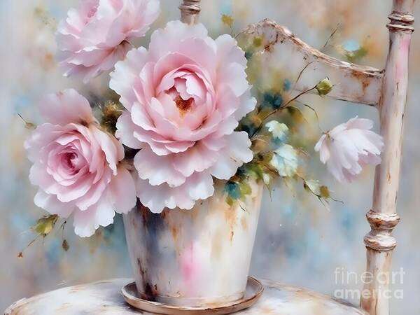 Flowers Art Print featuring the digital art Delicate Chic Roses in Rustic Pot by Jennifer Van Niekerk