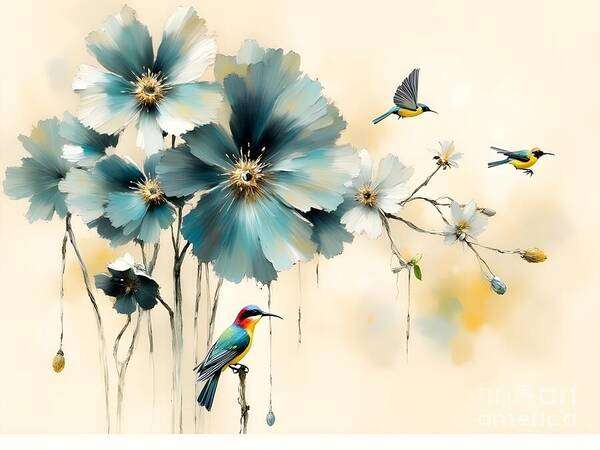 Flowers Art Print featuring the digital art Turquoise Blue Flowers and Sunbirds by Jennifer Van Niekerk