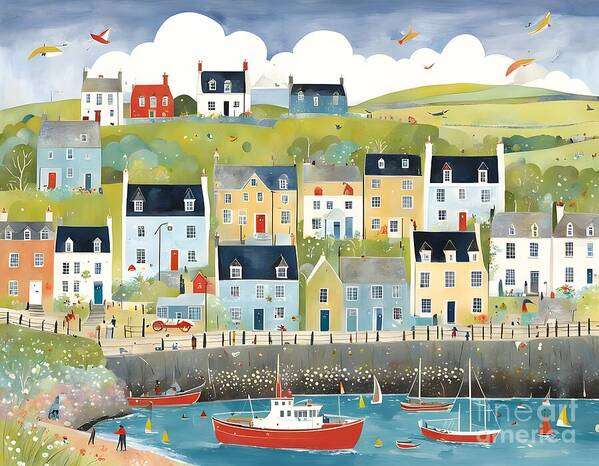 Village Art Print featuring the digital art A Scottish Seaside Village Imagined by Jennifer Van Niekerk