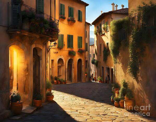 Street Art Print featuring the digital art Charming Cobblestone Street in Warm Light by Jennifer Van Niekerk
