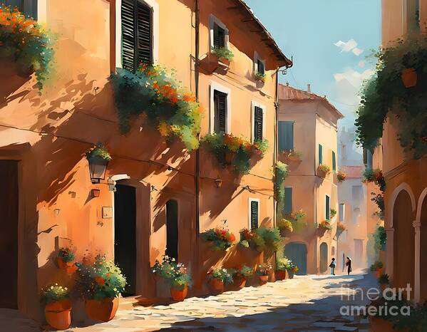 Street Art Print featuring the digital art Charming Italian Cobblestone Street by Jennifer Van Niekerk