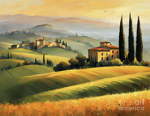 Tuscany Art Print featuring the digital art Charming Rustic Tuscany in Warm Sunlight by Jennifer Van Niekerk