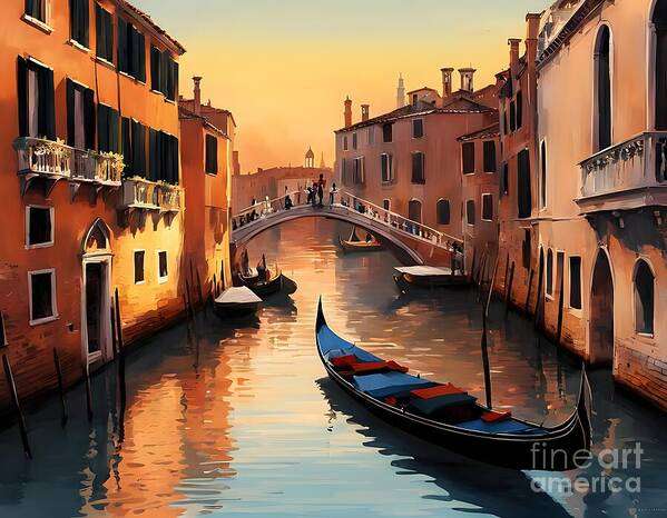 Venice Art Print featuring the digital art Gondolas in the Venetian Canal by Jennifer Van Niekerk
