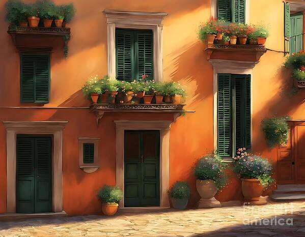 Mediterranean Art Print featuring the digital art Green Shutters by Jennifer Van Niekerk