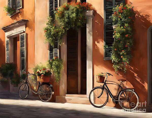 Street Art Print featuring the digital art Two Vintage Bicycles in a Charming Italian Street Scene by Jennifer Van Niekerk