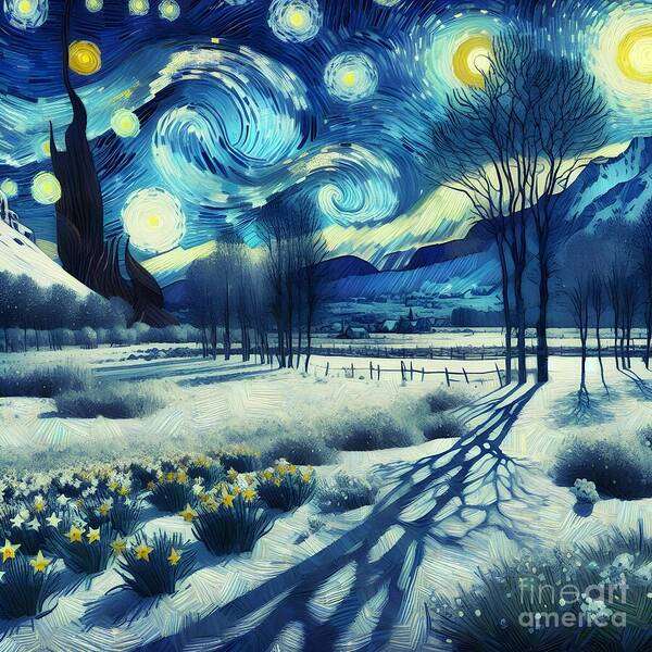Night Art Print featuring the digital art A snowy landscape under starlit sky by Jennifer Van Niekerk