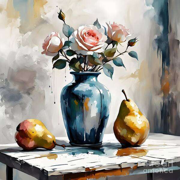 Vase Art Print featuring the digital art A still life with pears and a rose vase by Jennifer Van Niekerk