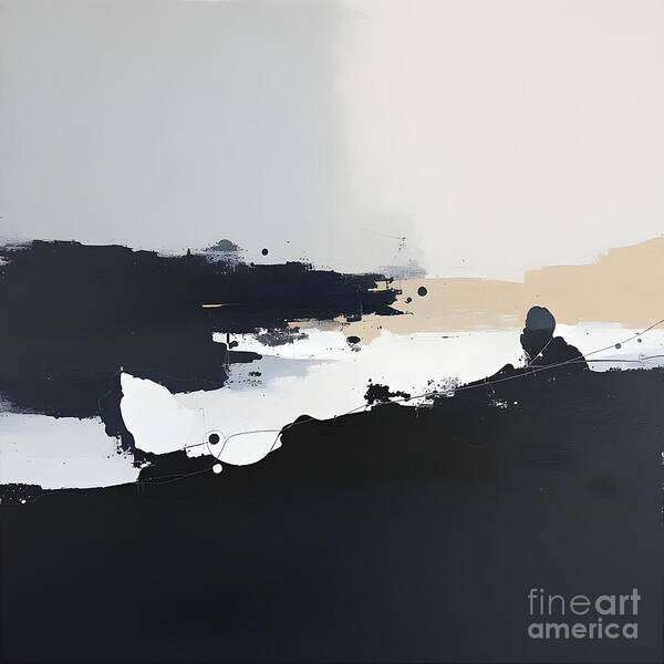 Abstract Art Print featuring the digital art Beige White and Black Minimalistic Abstract by Jennifer Van Niekerk