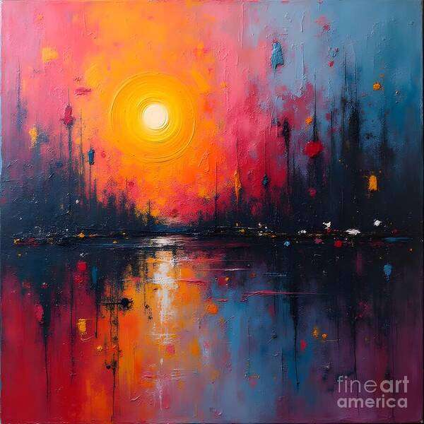 Sunset Art Print featuring the digital art Blazing Sun Casts Warm, Colourful Reflections by Jennifer Van Niekerk