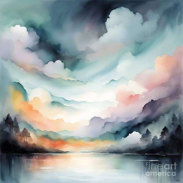 Landscape Art Print featuring the digital art Calm Scene bordered by Silhouetted Trees by Jennifer Van Niekerk
