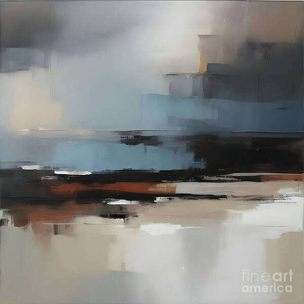 Abstract Landscape Serene Black Line Blue Seascape Brushstroke Tranquil Art Print featuring the digital art Earthy Muted tones Abstract Landscape by Jennifer Van Niekerk