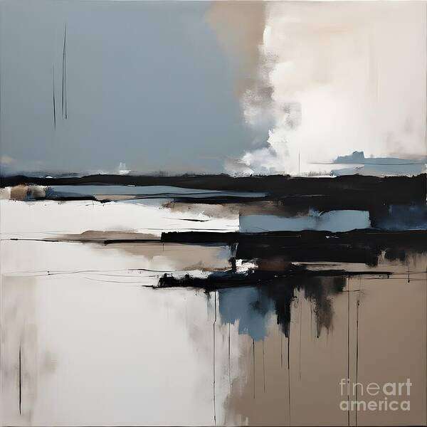 Abstract Landscape Serene Black Line Blue Seascape Brushstroke Tranquil Art Print featuring the digital art Earthy tones and blues evoke a tranquil landscape by Jennifer Van Niekerk