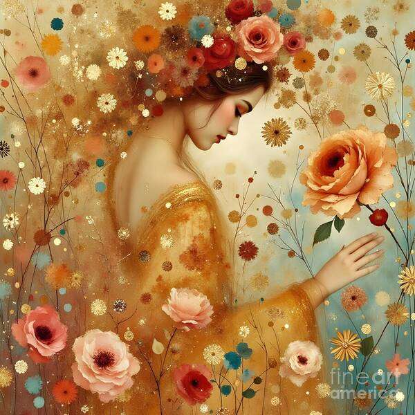 Woman Art Print featuring the digital art Ethereal Beauty in Golden Dress by Jennifer Van Niekerk