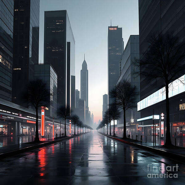 Futuristic Art Print featuring the digital art Futuristic Deserted Street by Jennifer Van Niekerk