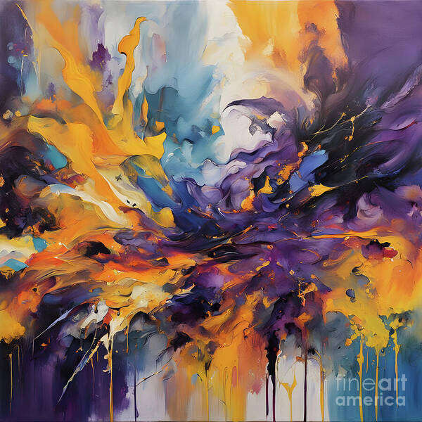 Abstract Art Print featuring the digital art Interplay of Purple and Yellow Hues by Jennifer Van Niekerk