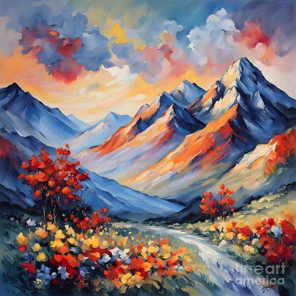 Mountains Art Print featuring the digital art Lush Mountain Flower Garden by Jennifer Van Niekerk
