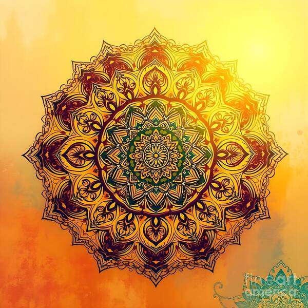 Mandala Art Print featuring the digital art Mandala in hues of Orange and Bright Yellow by Jennifer Van Niekerk