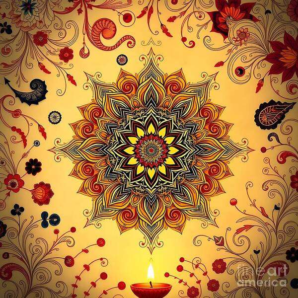 Mandala Art Print featuring the digital art Mandala in hues of Red and Gold by Jennifer Van Niekerk
