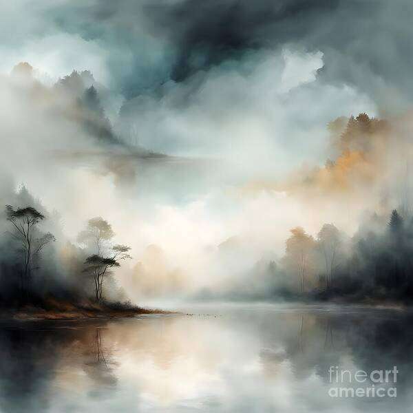 Misty Art Print featuring the digital art Misty Landscape with diffused clouds overhead by Jennifer Van Niekerk