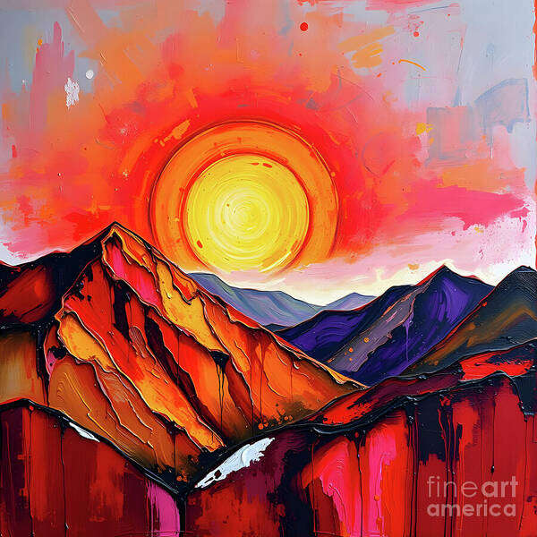 Mountains Art Print featuring the digital art Mountains Under a Swirling Sun by Jennifer Van Niekerk