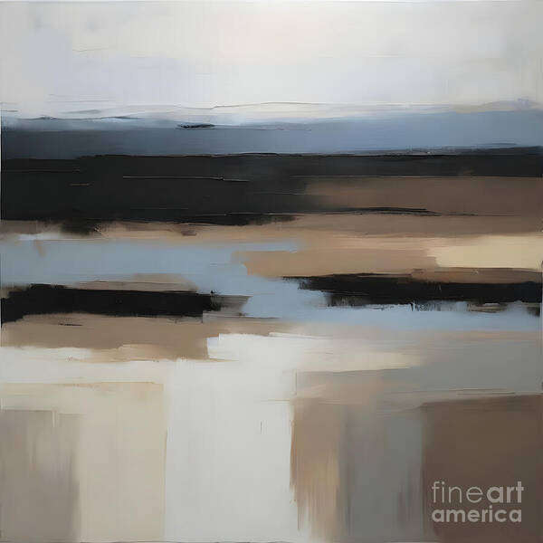 Abstract Landscape Serene Black Line Blue Seascape Brushstroke Tranquil Art Print featuring the digital art Muted Abstract Waterscape Composition by Jennifer Van Niekerk