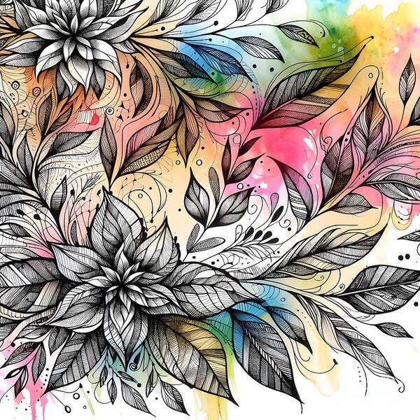 Floral Art Print featuring the digital art Ochre Cream Doodle by Jennifer Van Niekerk