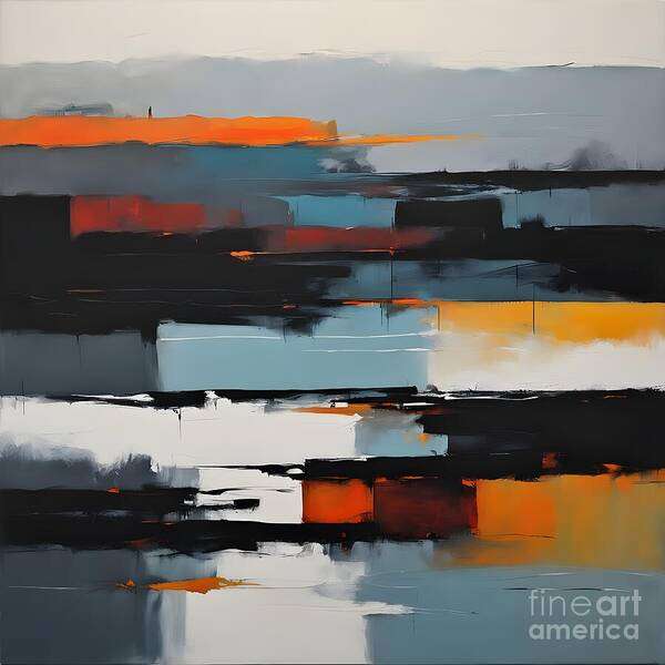Abstract Art Print featuring the digital art Orange and Muted Blue Abstract by Jennifer Van Niekerk