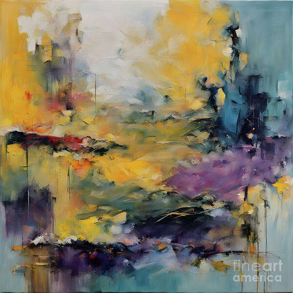 Abstract Art Print featuring the digital art Purple and Yellow Abstract Composition by Jennifer Van Niekerk