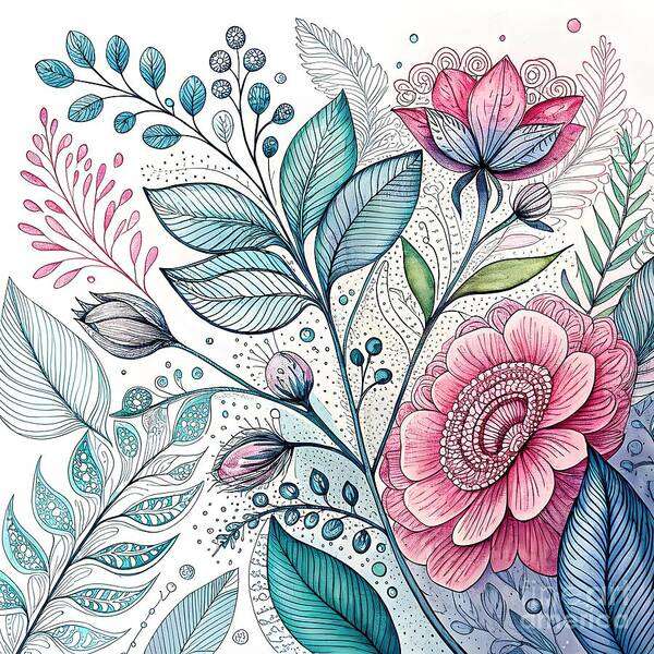 Floral Art Print featuring the digital art Rain Dance Leaf and Floral by Jennifer Van Niekerk