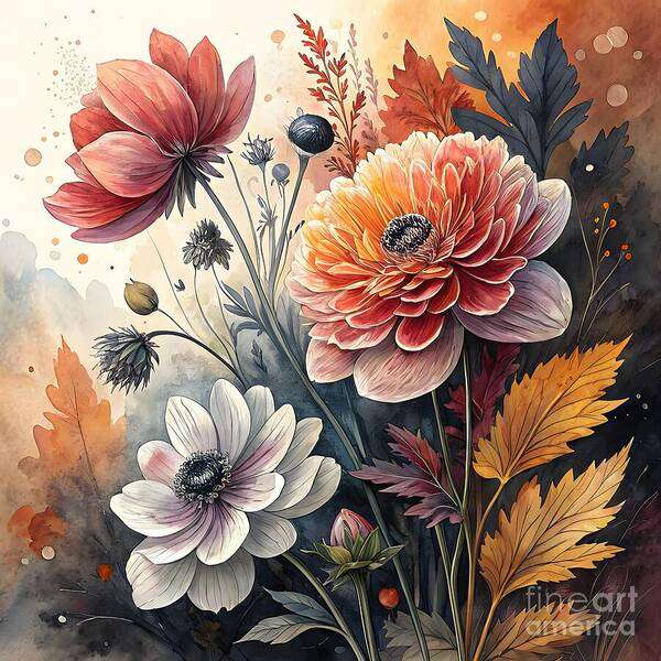 Flowers Art Print featuring the digital art Red Earth Anemone Bouquet II by Jennifer Van Niekerk
