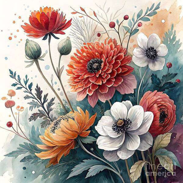Botanical Art Print featuring the digital art Red Earth Anemone Bouquet by Jennifer Van Niekerk