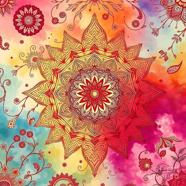 Mandala Art Print featuring the digital art Red, Pink and Orange Hues by Jennifer Van Niekerk