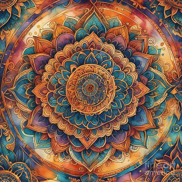 Mandala Art Print featuring the digital art Rich Blue and Gold Mandala by Jennifer Van Niekerk