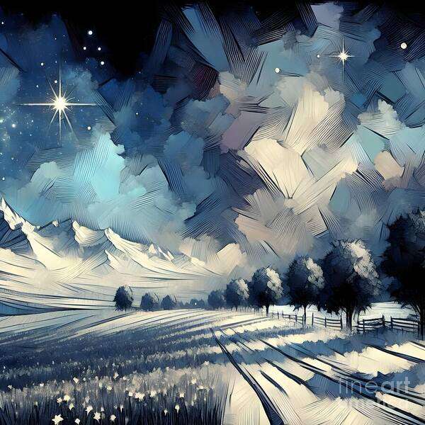 Night Sky Art Print featuring the digital art Starry night over snow covered mountains by Jennifer Van Niekerk