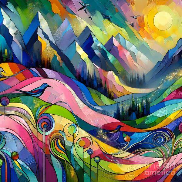 Vibrant Art Print featuring the digital art Sunbird Mosaic by Jennifer Van Niekerk