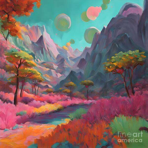 Fantasy Art Print featuring the digital art Surreal Landscape with Lush Vegetation by Jennifer Van Niekerk