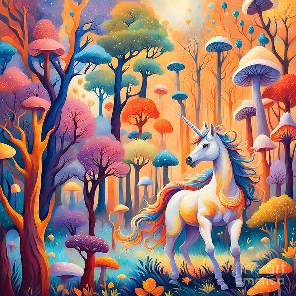 Unicorn Art Print featuring the digital art Unicorn in a Mushroom Forest by Jennifer Van Niekerk