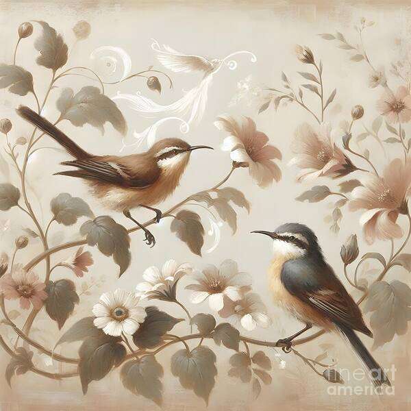 Birds Art Print featuring the digital art Vintage Chic Birds in a Vine by Jennifer Van Niekerk